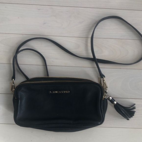 Handbags - Lancaster Single Strap Black Leather Camera Sling Bag With Tassel